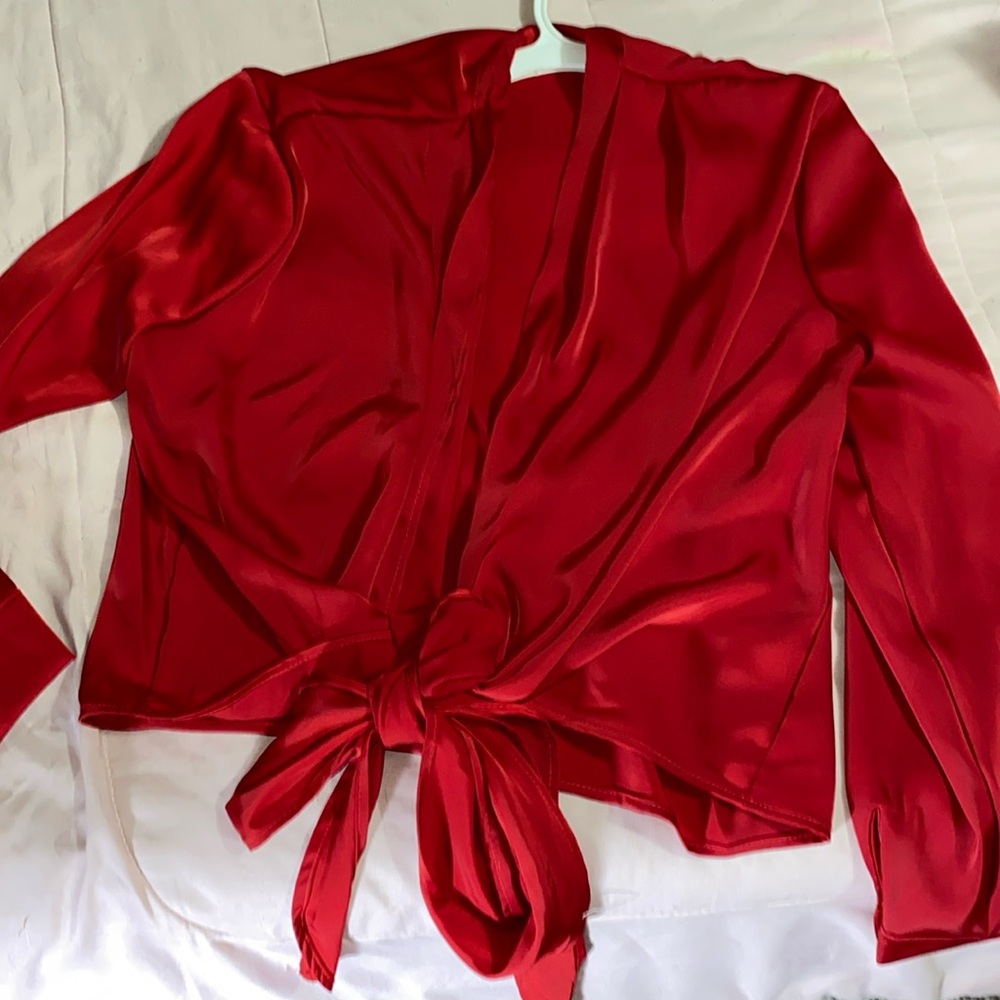 Red cris cross Top Blouse long sleeve